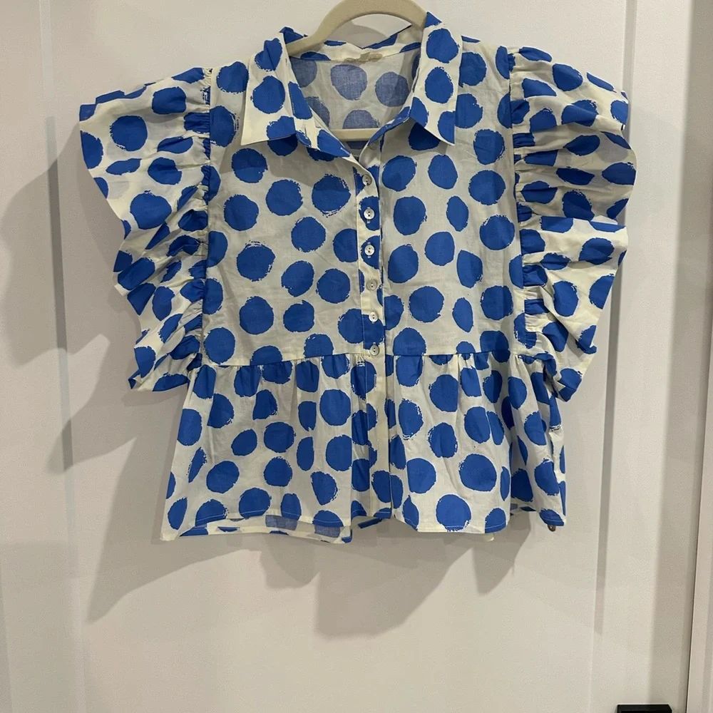 JODIFL White and Blue Polka Dot Ruffle Blouse - Picture 7 of 10